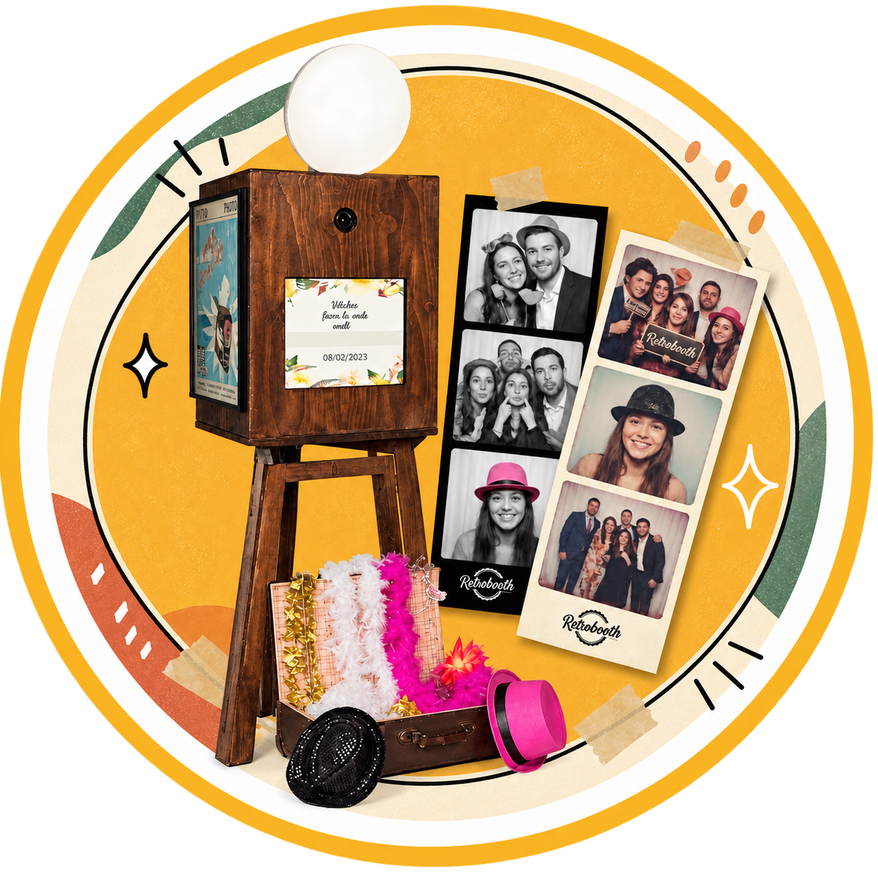RetroBooth houten photobooth met fotostrips en props
