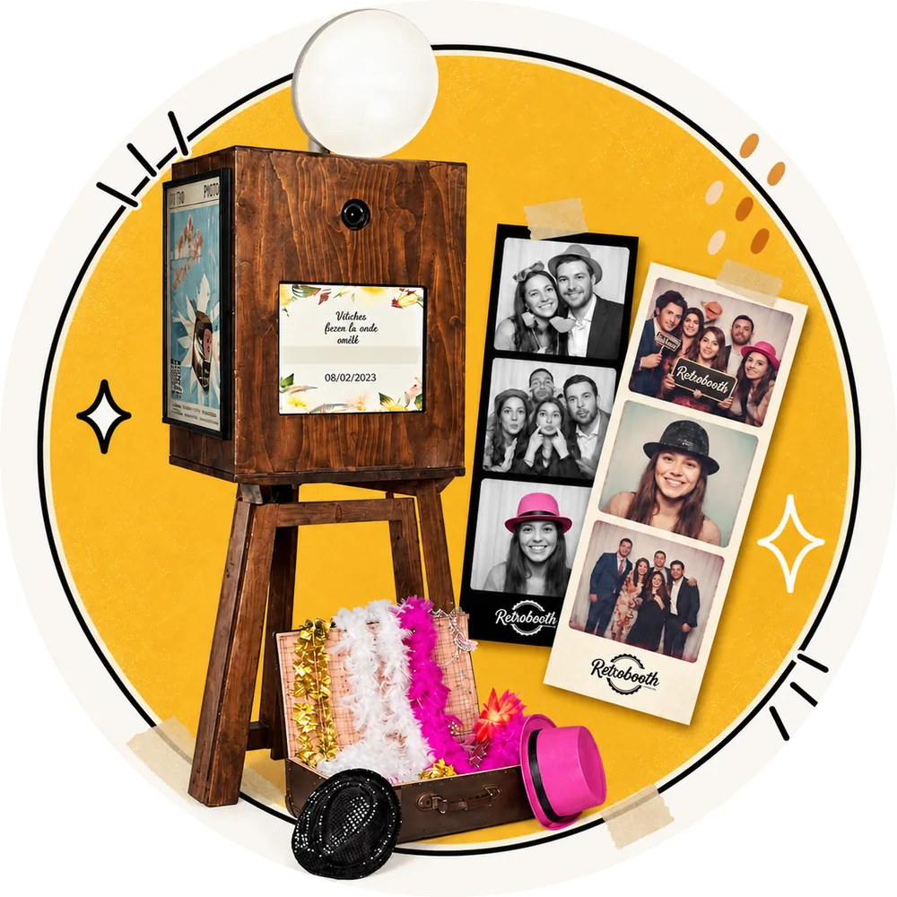 De RetroBooth met fotostrips en de koffer vol props